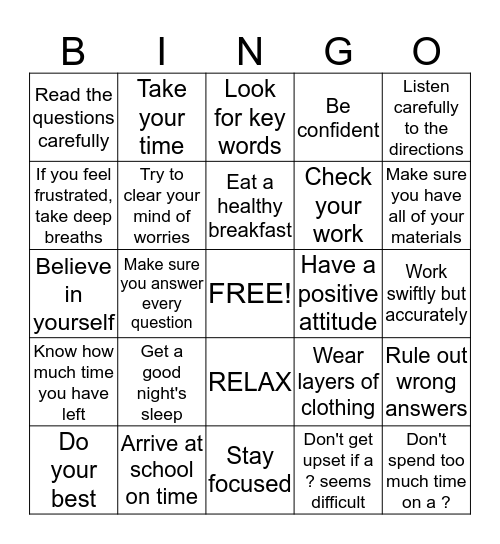 Test Taking Bingo! Bingo Card