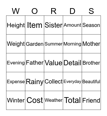 Sight Words Bingo Card