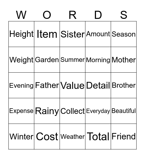 Sight Words Bingo Card