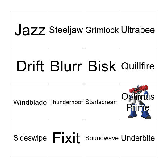 Tranformers Bingo Card