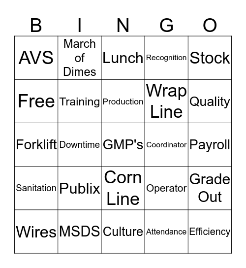 Fresh Foods Bingo Card