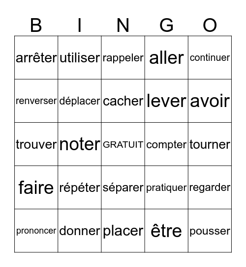 ER Verbs BINGO Card