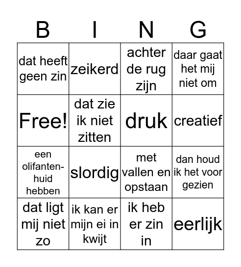 Nederlands in actie emo en uitdrukkingen Bingo Card