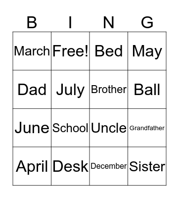 Vocabulary Bingo Card