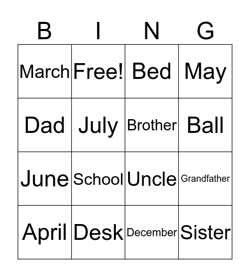 Vocabulary Bingo Card