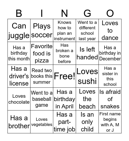 BINGO to Meet You!  Bingo Card