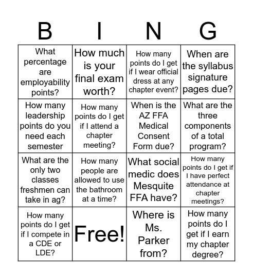Ag Syllabus Bingo Card