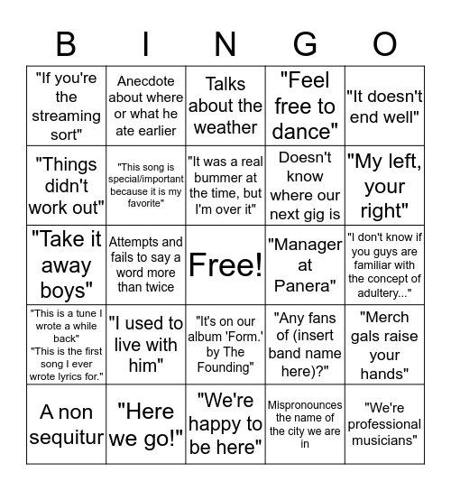 **** The Founding: Bingo **** When Joel says or does one of the below things, mark the space. First person to get bingo = Free CD. (PS, Joel doesn't know we are doing this) Bingo Card