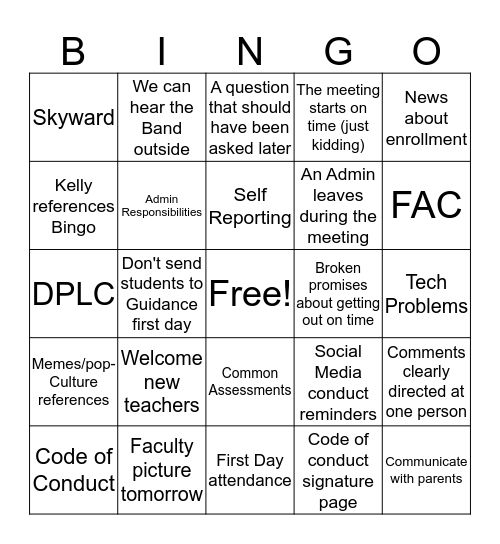 Faculty Bingo 2.0 Bingo Card