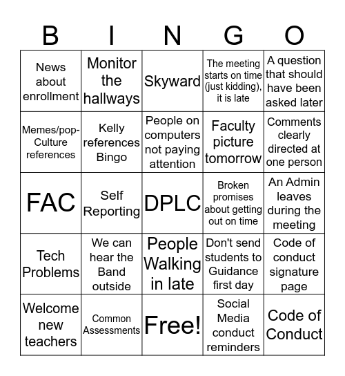 Faculty Bingo 2.0 Bingo Card