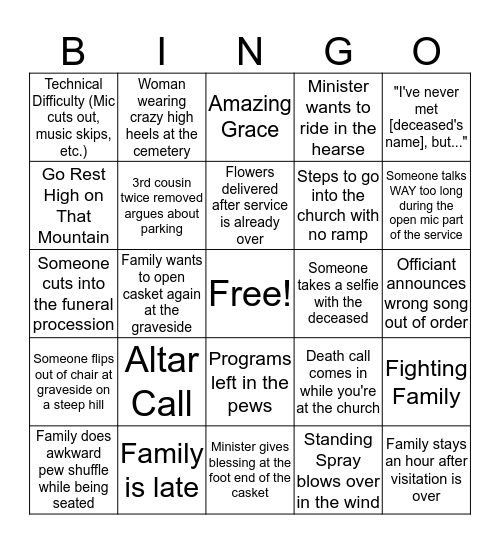 Funeral Service Bingo Card