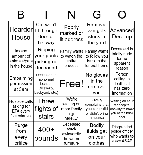 Removal Bingo Card