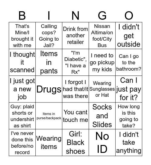 Shoplifter Bingo Card