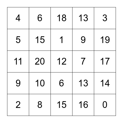 Number Cards Bingo Card