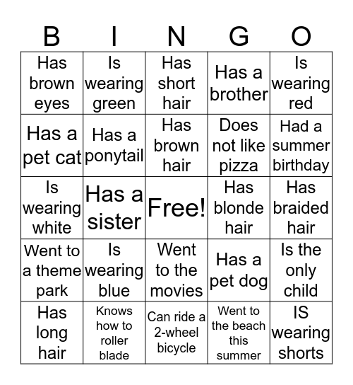 Class Name Game Bingo Card