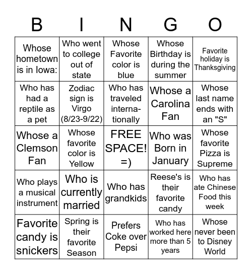 Getting to know your coworkers BINGO Card