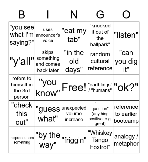 Tracy-isms v2.0 Bingo Card