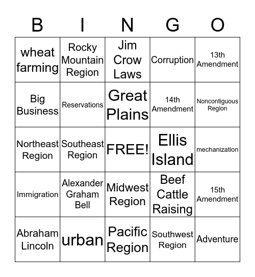 U. S. History Bingo Card