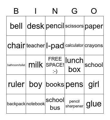 Classroom words for ELLs (no pictures) Bingo Card
