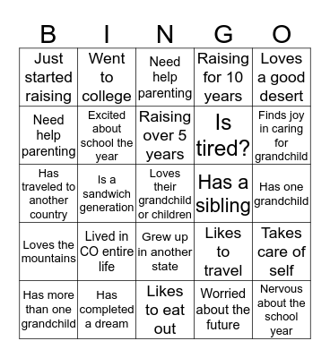 Namaqua Center's Grandfamily  Bingo Card