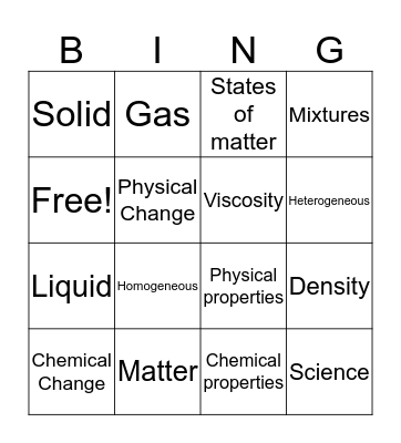 Unit 1 Vocabulary: Matter Bingo Card