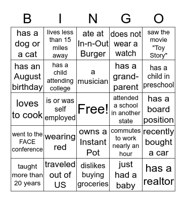 PreK Education  Bingo Card