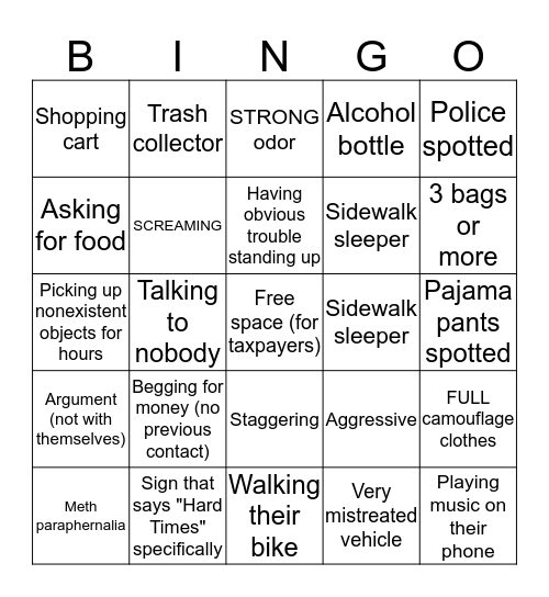 Humboldt Homeless Bingo Card