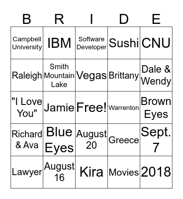 Alexis's Bridal Shower 2019 Bingo Card