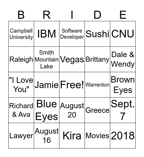 Alexis's Bridal Shower 2019 Bingo Card