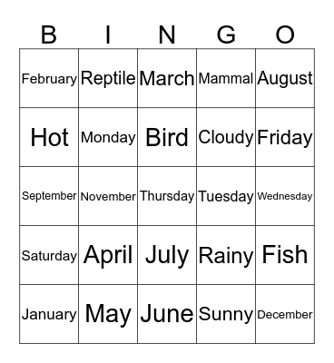 SUMMER CAMP GRADE K Bingo Card
