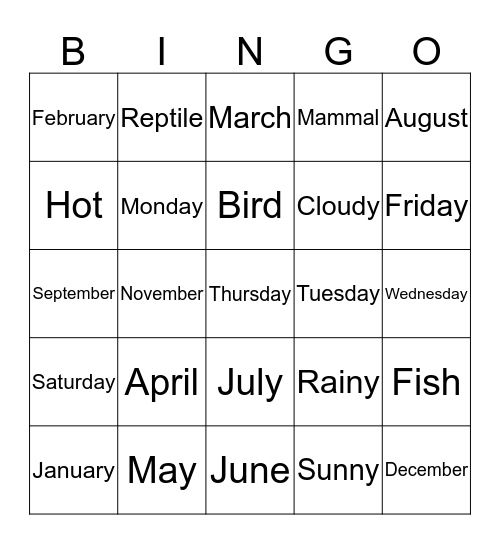 SUMMER CAMP GRADE K Bingo Card
