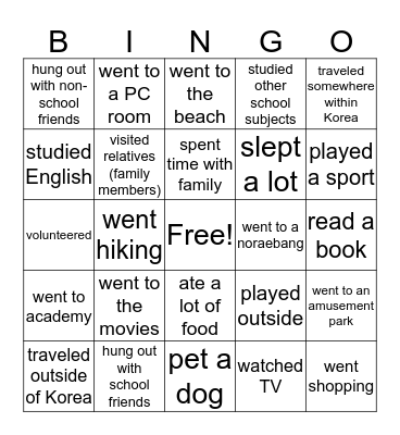 What did you do this summer? Bingo Card