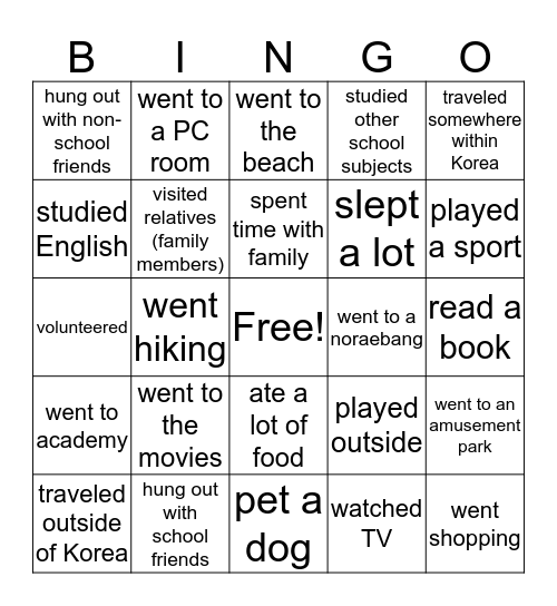 What did you do this summer? Bingo Card