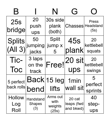 Gymnastics Bingo Card