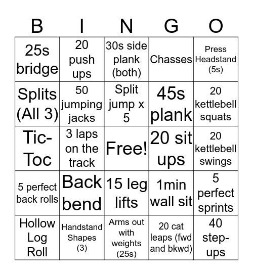 Gymnastics Bingo Card