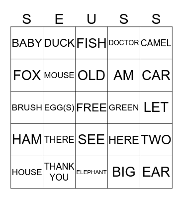 Read Across America Bingo Card