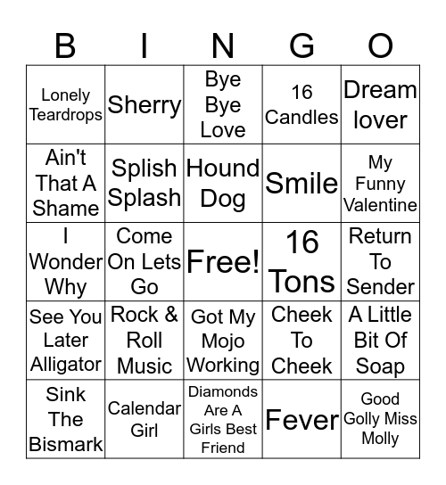 50's Hits Bingo Card