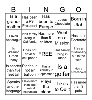Relief Society Birthday Party Bingo Card