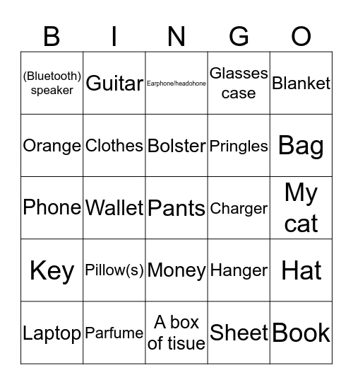 Stuffs in my bed Bingo Card