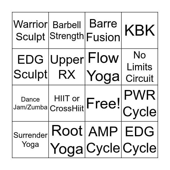 Lakeville Studio/Cycle/Yoga Bingo Card