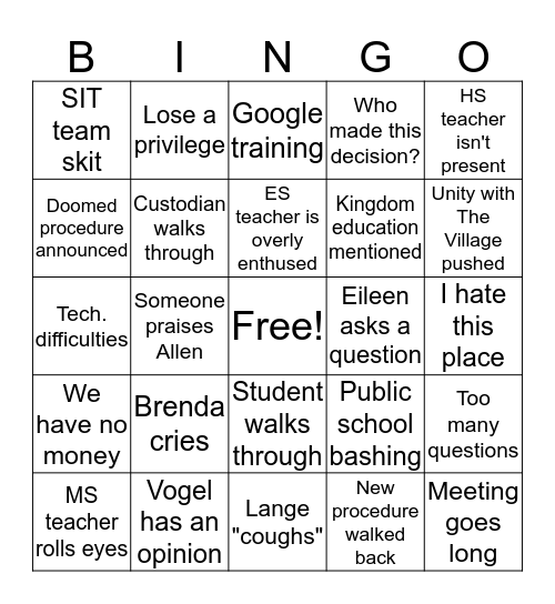 VCA Meetings Bingo Card