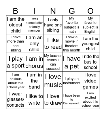 First Day Bingo Card