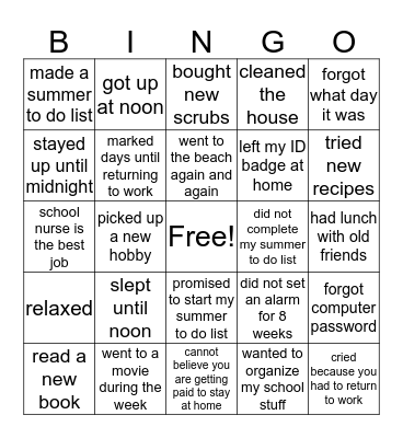 How can summer be over? Bingo Card