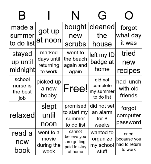How can summer be over? Bingo Card