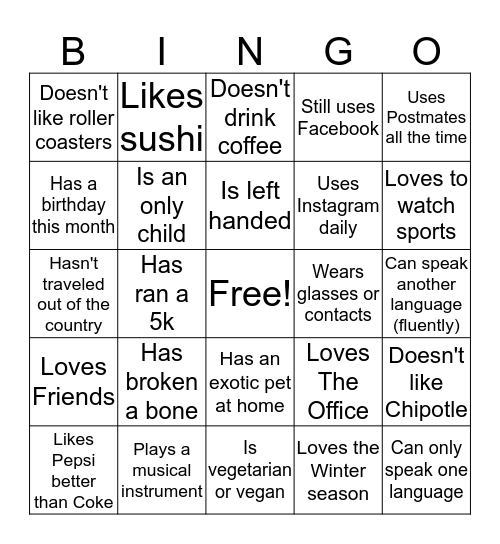 Get To Know Your Peer Bingo! Bingo Card
