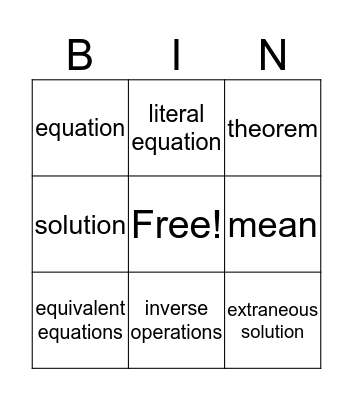 Algebra Chapter 1 Bingo Card