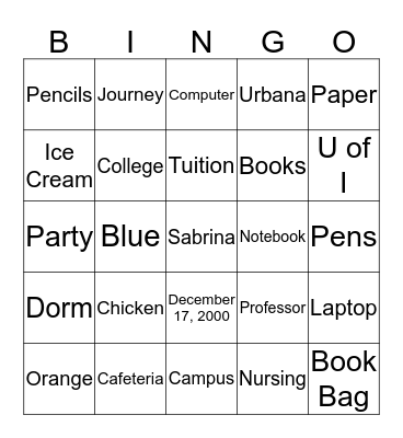 Off to College!! Bingo Card