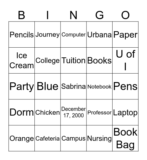 Off to College!! Bingo Card