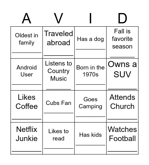 Getting to know you... Bingo Card