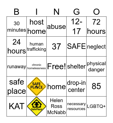 SAFE PLACE Bingo Card